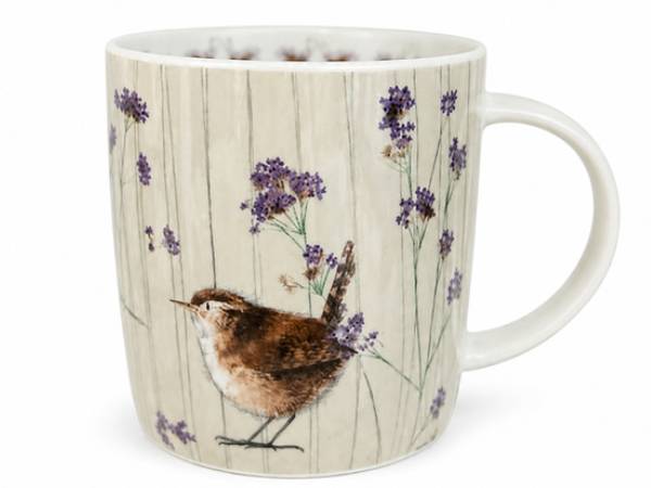 A white ceramic mug featuring a printed design of a brown wren bird perched among purple flowers against a light beige wood-plank background.