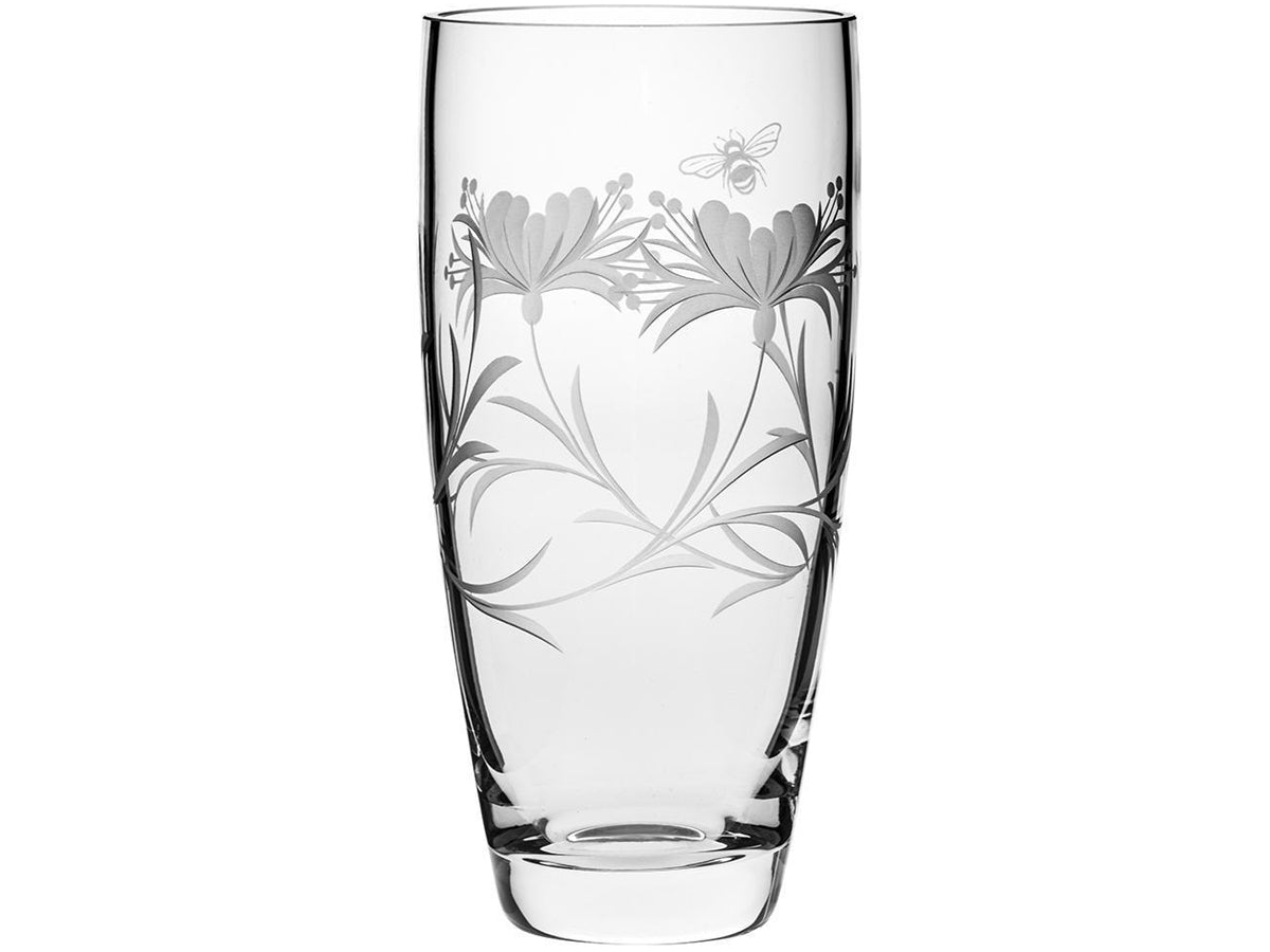 Extra tall hand-cut crystal vase with hand-engraved bee and honeysuckle design, perfect for long-stemmed flowers and large displays.