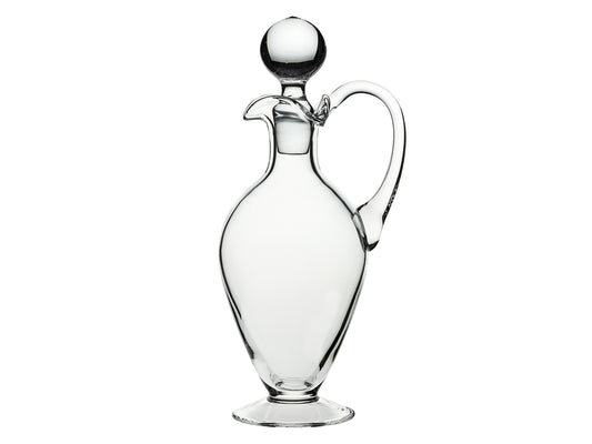A handled wine decanter with a curved body and a round stopper.