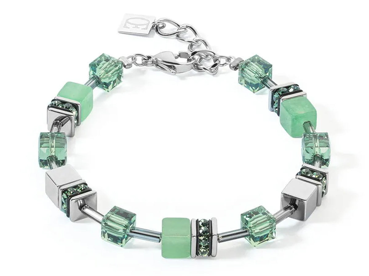 Green geo cube bracelet in stanless steel and glass elements