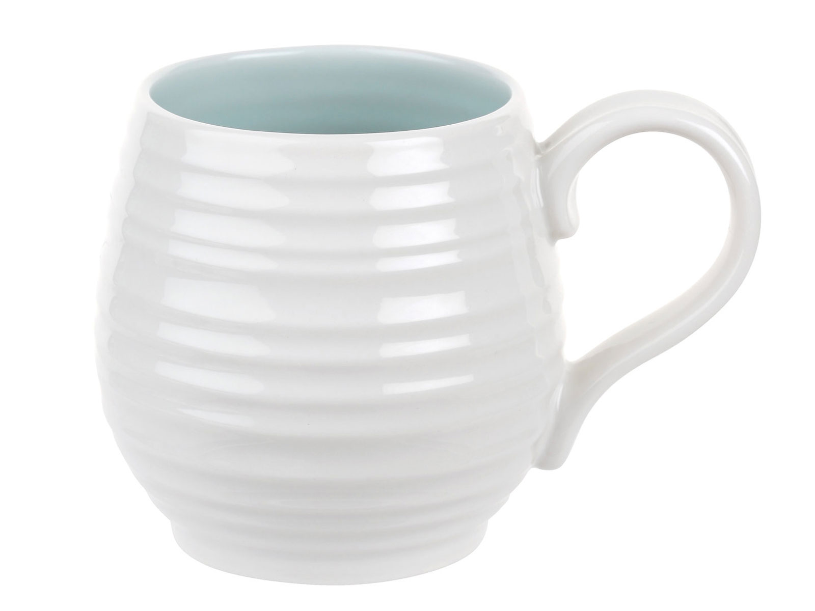 The Sophie Conran Celadon Honey Pot Mug is a white porcelain mug with a rippled texture and soft blue interior