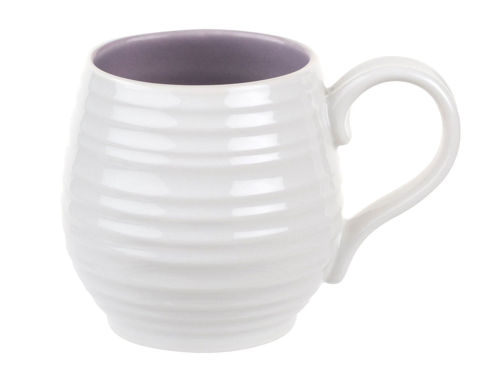 The Sophie Conran for Portmeirion Mulberry Honey Pot Mug is a white porcelain mug with a rippled texture and a pale purple interior
