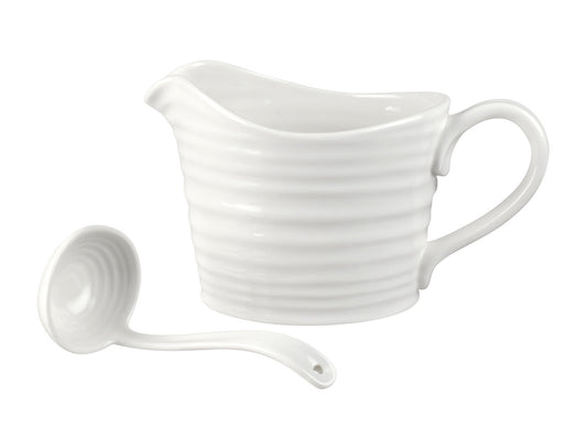 This Sophie Conran Sauce Jug with Ladle is made of a white ceramic with a clear glazed finish, and is designed with the staple rippled design on both pieces. Ideal for serving up hot gravies or cool relishes for the dinner table, this piece is the ideal size for sharing for a small family.