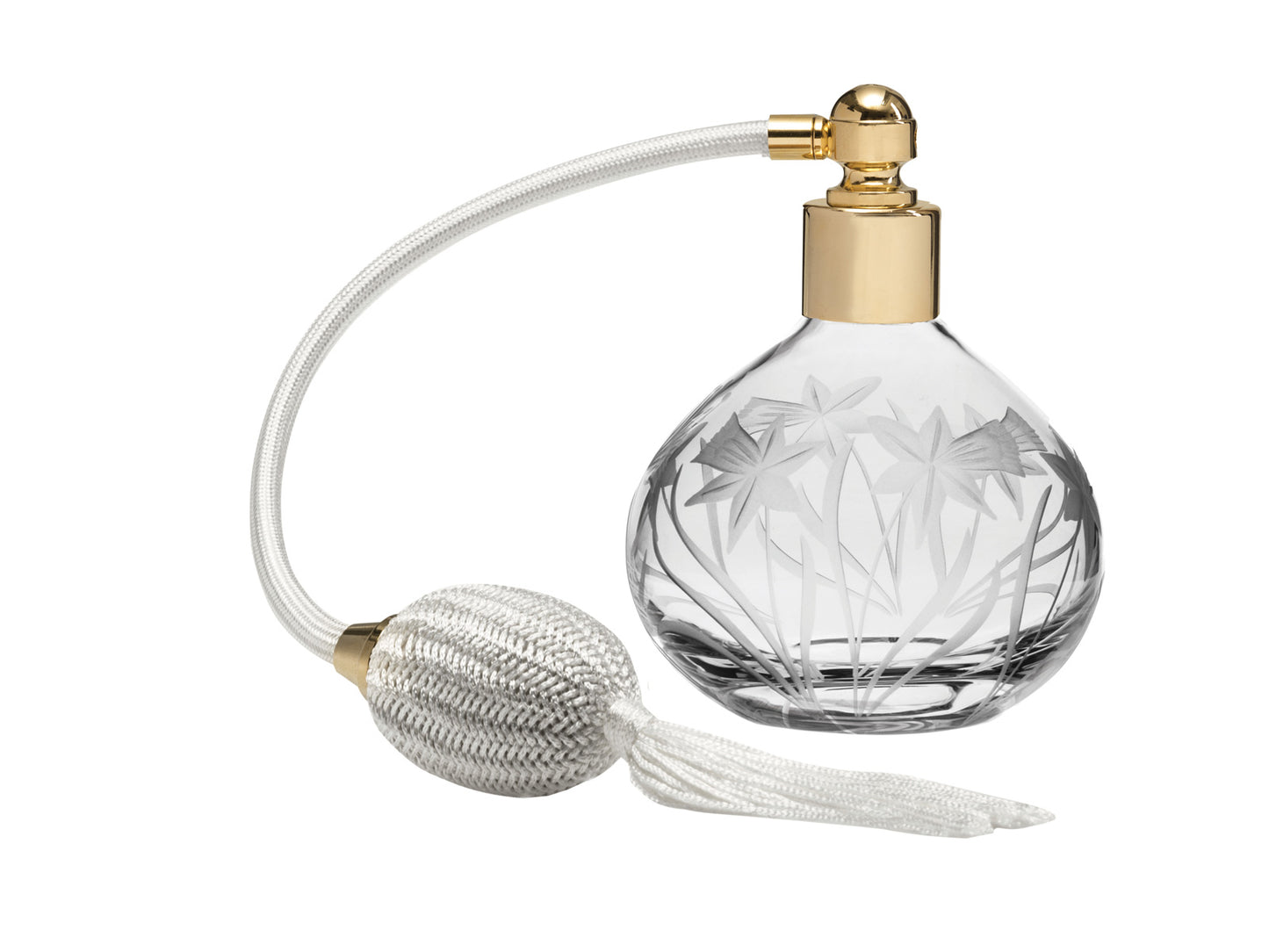 A crystal perfume atomiser with a round base, decorated with a delicate daffodil motif cut into the glass, fitted with gold hardware and a cream puffer