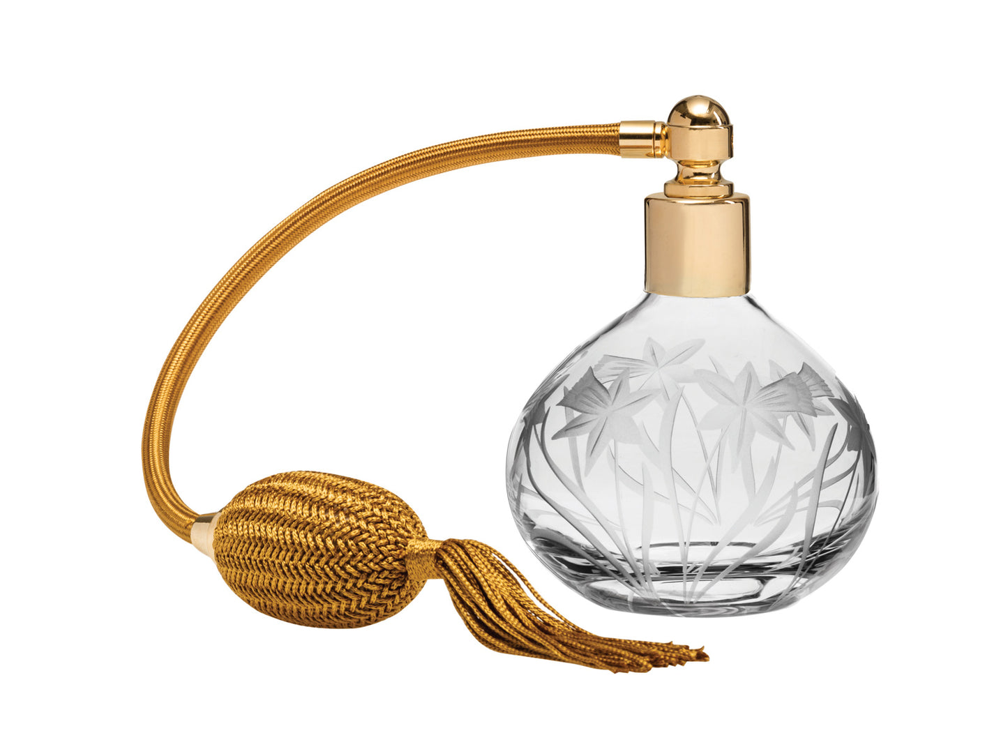 A crystal perfume bottle with a daffodil design and gold puffer