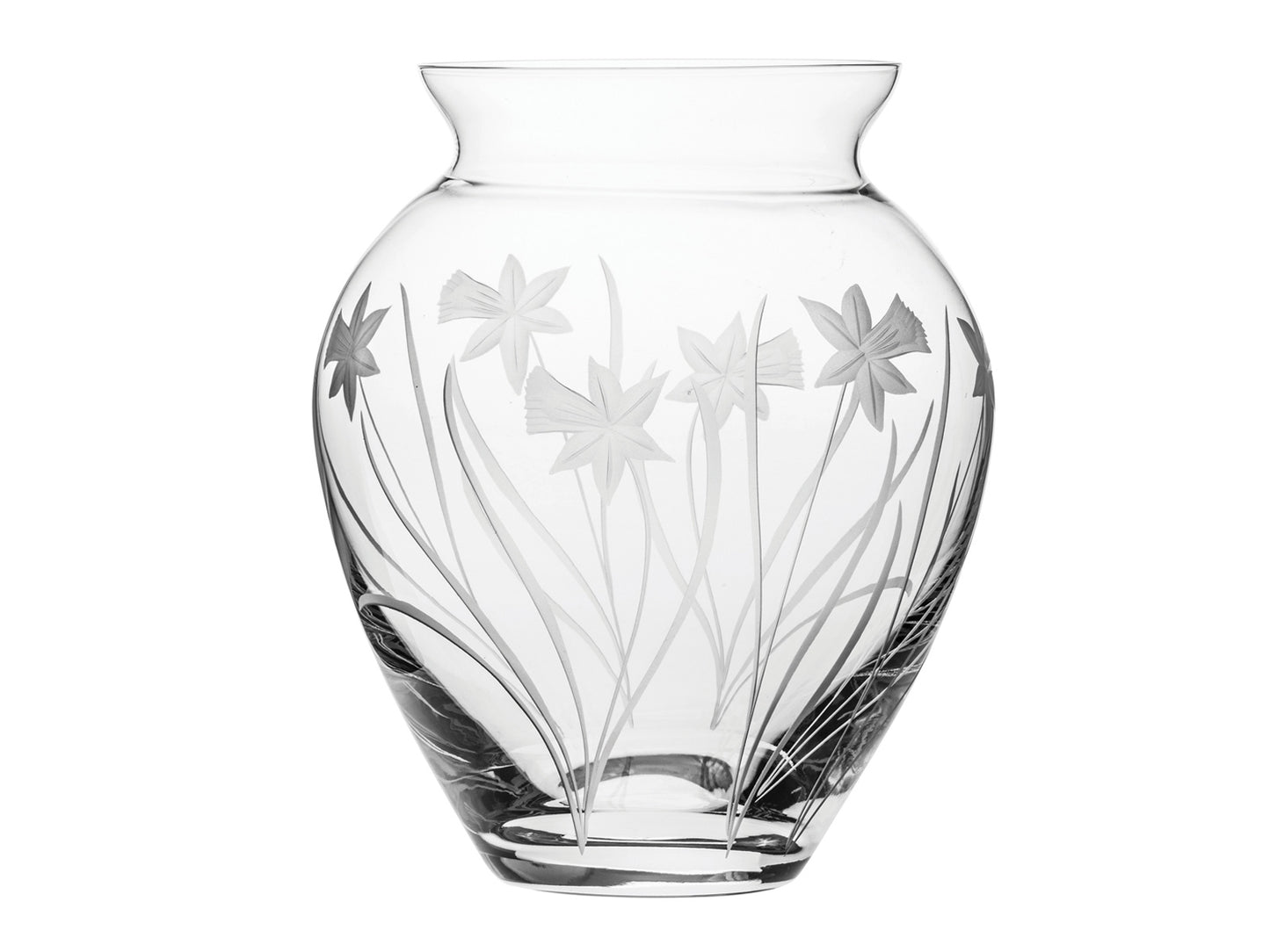 A crystal vase with a high waist, carved with a delicate daffodil design around the outside