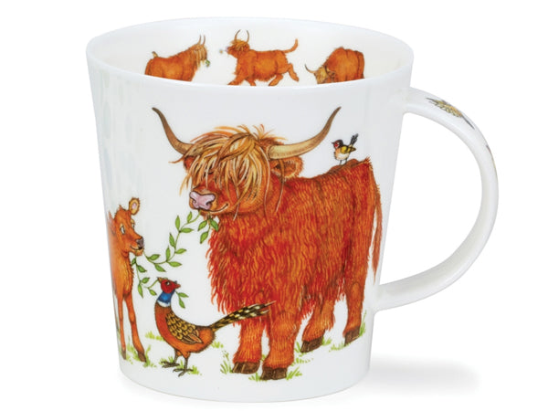 Dunoon Hairy Highlanders Cairngorm fine bone china mug featuring illustrated Highland cows and countryside animals.