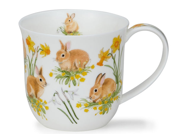 Dunoon Cumbrae Bunnies fine bone china mug with illustrated rabbits, primroses, snowdrops and daffodils