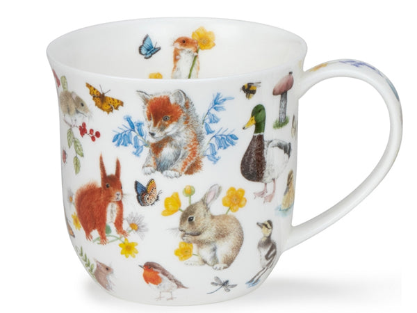 Dunoon Cumbrae Wildwood Fox fine bone china mug with illustrated fox cubs, squirrel, rabbit, duck and woodland wildlife on a white background