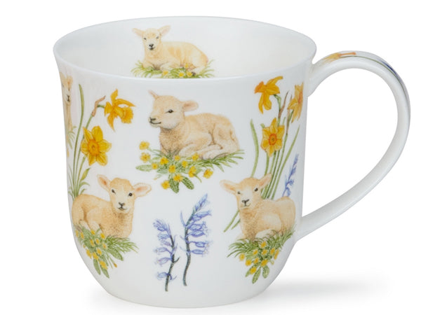 Dunoon Cumbrae Lambs fine bone china mug with illustrated lambs and spring flowers on a white background