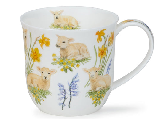 Dunoon Cumbrae Lambs fine bone china mug with illustrated lambs and spring flowers on a white background
