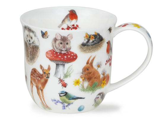 Dunoon Cumbrae Wildwood Mouse fine bone china mug with illustrated field mouse, deer, squirrel, birds and woodland animals on a white background