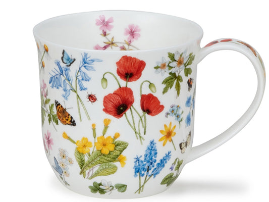 Dunoon Cumbrae Wild Flowers Poppy fine bone china mug with illustrated poppies, bluebells, wild flowers and insects on a white background