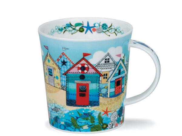 Dunoon Lomond High Tide Beach Hut fine bone china mug with colourful beach huts, sandy shoreline, blue sea detail and coastal illustrations