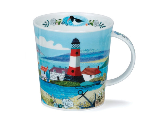 Dunoon Lomond High Tide Lighthouse fine bone china mug with a red and white lighthouse, coastal houses, sandy shore and blue sea landscape.