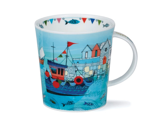 Dunoon Lomond High Tide Fish Boat fine bone china mug with a colourful fishing boat, coastal harbour scene, seaside houses and blue sea detail