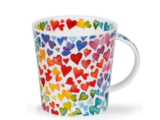 Dunoon Lots of Love Lomond fine bone china mug with multicoloured watercolour hearts on a white background, 320ml.