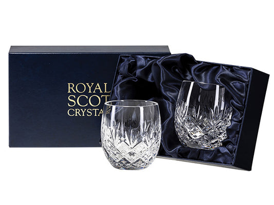 Royal Scot Crystal Edinburgh Barrel Tumblers - Pair are hand-cut in Britain with the triple-flicked Edinburgh design, and are lightweight and rounded in shape, making them ideal for neat spirits or cocktails.
