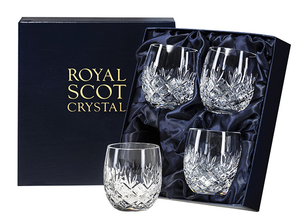 Royal Scot Crystal Crystal Edinburgh Barrel Tumblers - Set of 4 are hand-cut in Britain with the triple-flicked Edinburgh design and are light-weight and rounded into a barrel shape, making them perfect for neat spirit drinkers.