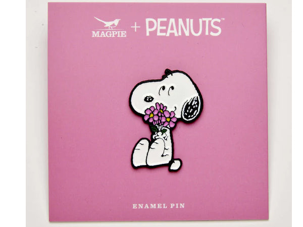 Shop the Snoopy flower enamel pin featuring Snoopy holding a bouquet. A cute Peanuts pin for jackets, bags and gifts for fans.