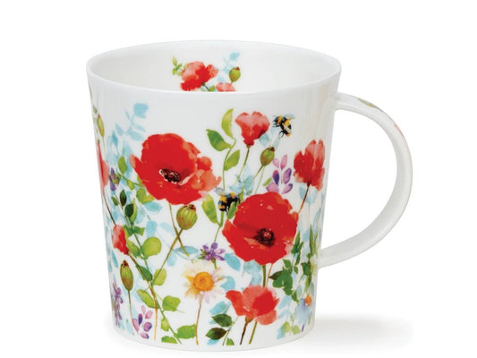 A white ceramic mug decorated with a vibrant watercolor floral pattern featuring red poppies, green leaves, small purple flowers, and a yellow-and-black bumblebee.