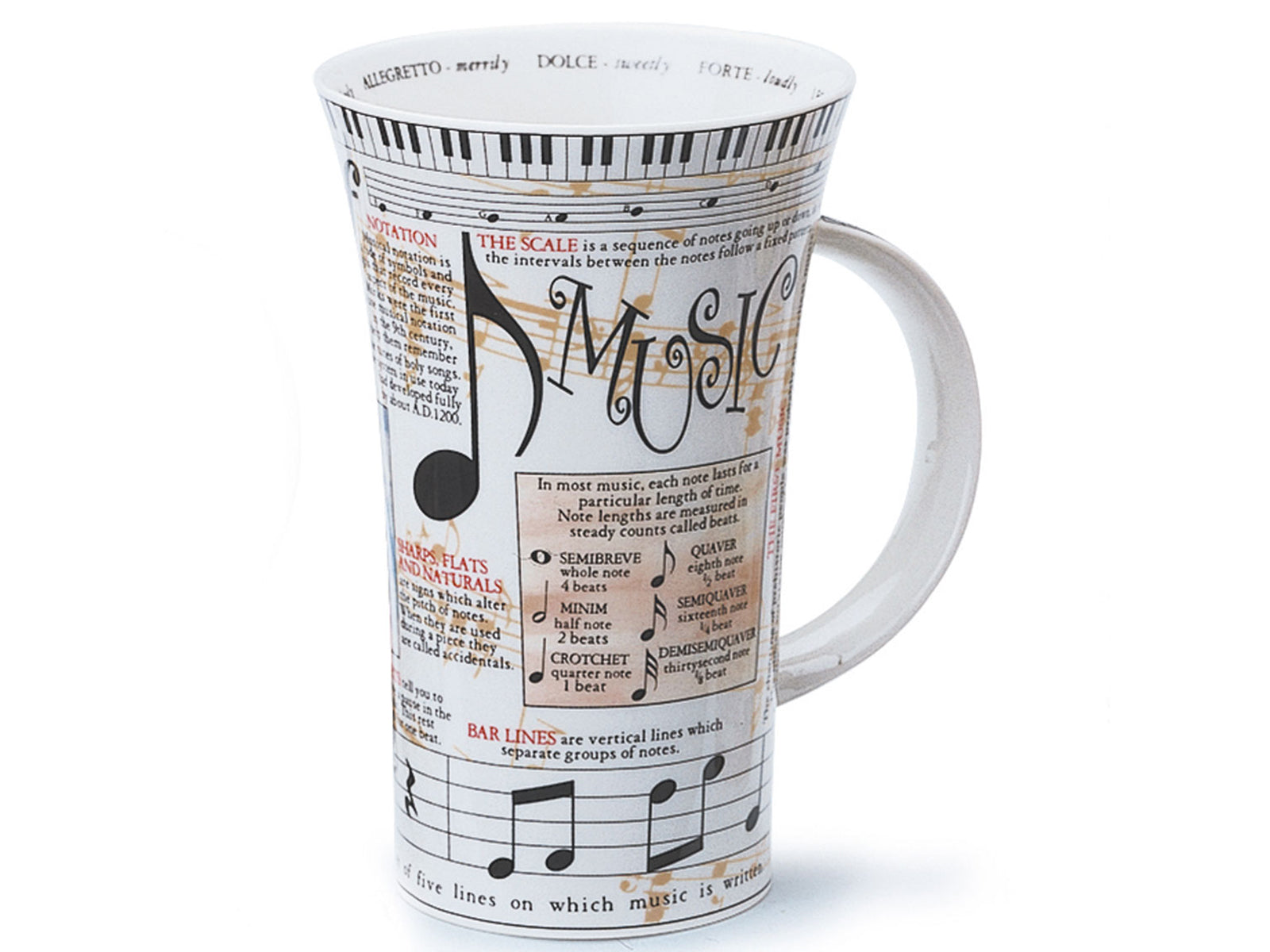Dunoon Glencoe Music Mug is a large fine bone china mug that is printed with all different facts and terminology regarding the study of music around its exterior, along with a piano-print on the handle with all the labelled keys and definitions of the Latin music terminology printed around the inner rim of the mug.