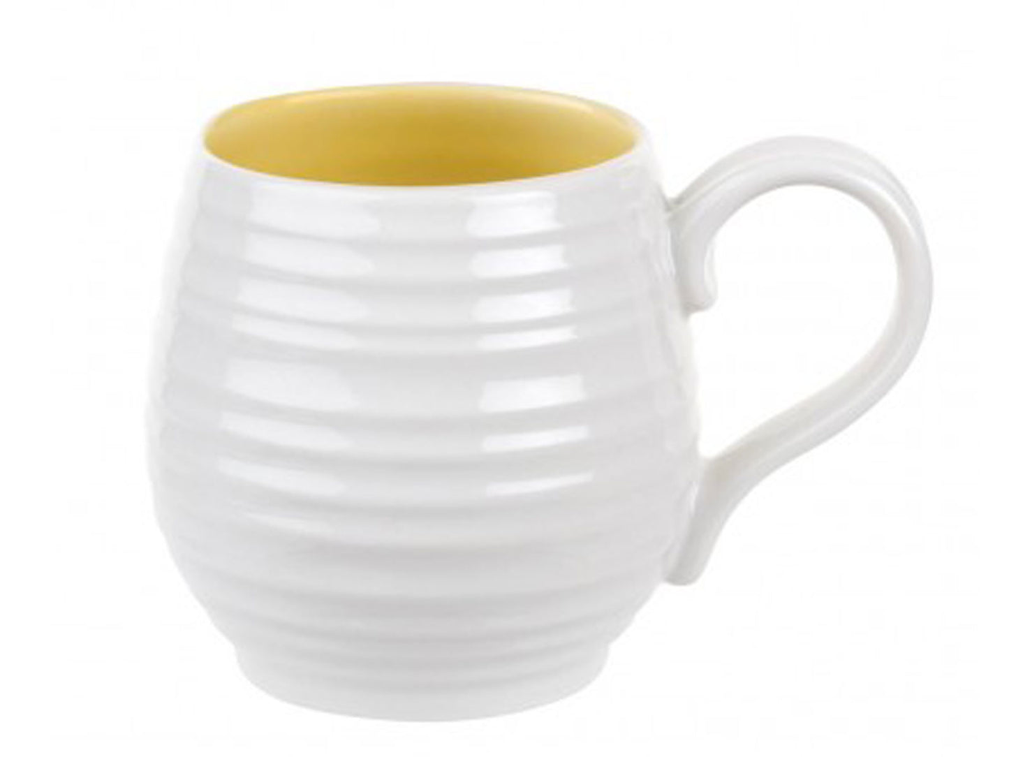 The Sophie Conran Sunshine Honey Pot Mug is made of white porcelain with a rippled texture and yellow interior