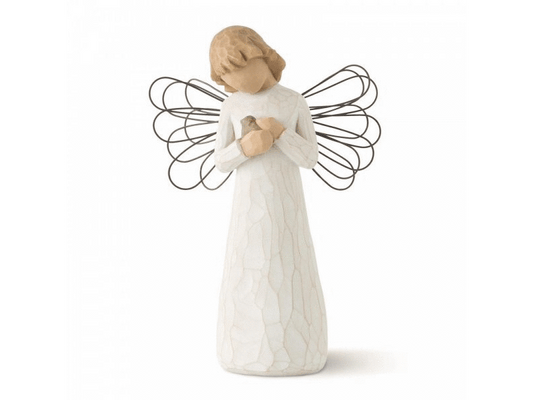 A cast stone figurine of a feminine angel cradling a bird. The angel has wire wings, a flowing gown painted with soft and earthy colours, and warm brown hair styled in a bob that frames her featureless face. This figurine exudes tranquillity and embodies a heartfelt message of hope and healing.