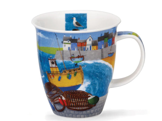 A fine bone china mug, fluting out at the top, featuring vibrant illustrations of coastal activities, including lobster pots, fishing boats on a blue sea, a cat and a dog roaming an orange boat, with seagulls perched between.