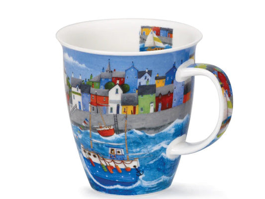 A fine bone china mug featuring nautical illustrations of a harbour, with colourful boats sailing across choppy water against a backdrop of coastal homes and a serene blue sky. The top of this mug flutes out slightly for a comfortable drinking experience.