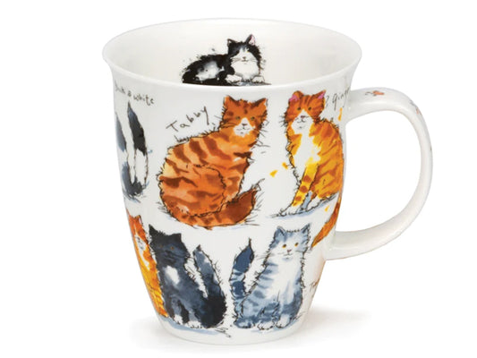 A fine bone china mug that flutes at the top with illustrated drawings of scruffy cats.