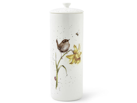 A tall, fine-bone china storage jar with an air-tight lid. White with speckled black dots and a charming watercolour illustration. A plump wren perches on a bowing daffodil, captivated by a fluffy bumblebee. A red ladybird climbs up the stem.