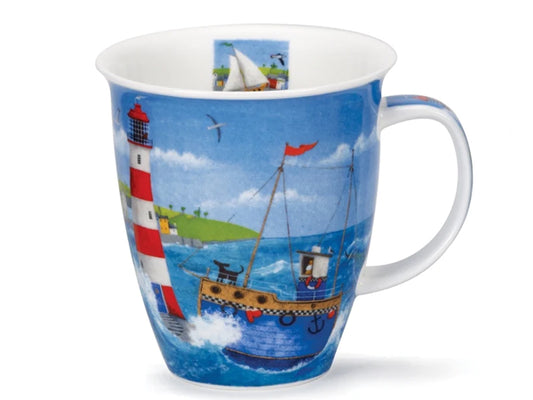 Dunoon nevis fine bone china mug decorated with a lighthouse and fishing boat in blue tones