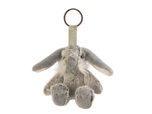 A plush gray bunny keychain with long floppy ears, a small fabric tag, and a metal key ring, shown on a plain white background.