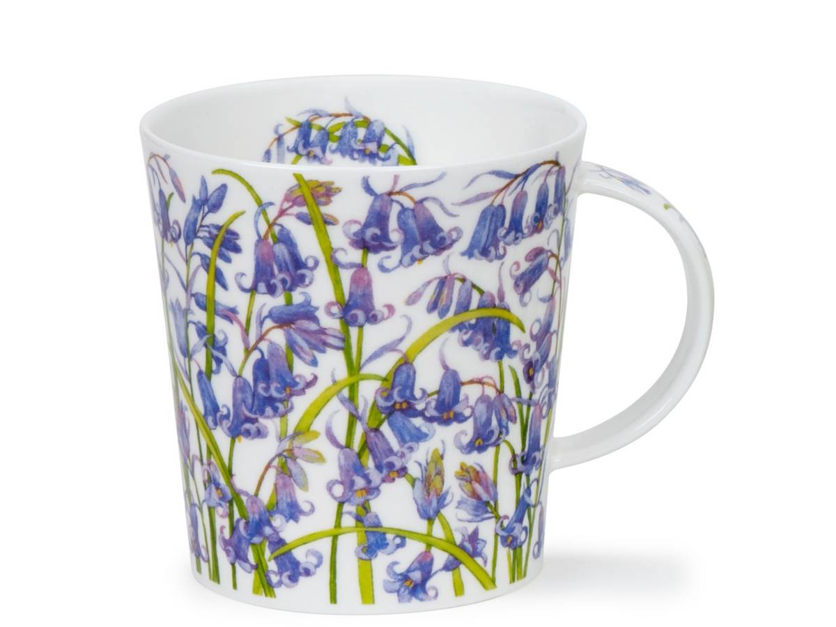 A white ceramic mug decorated with a detailed print of bluebells in shades of purple and blue, with green stems, shown on a white background.