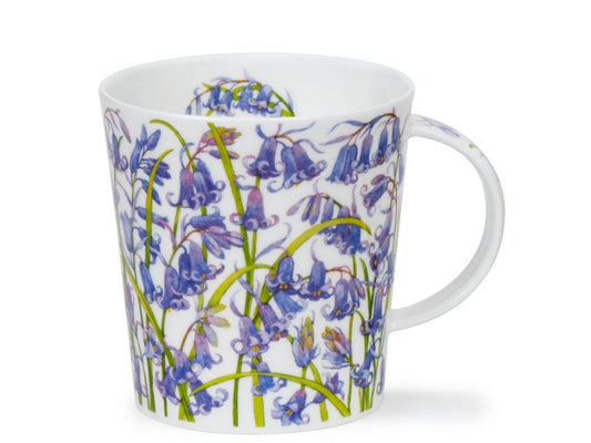 A white ceramic mug decorated with a detailed print of bluebells in shades of purple and blue, with green stems, shown on a white background.