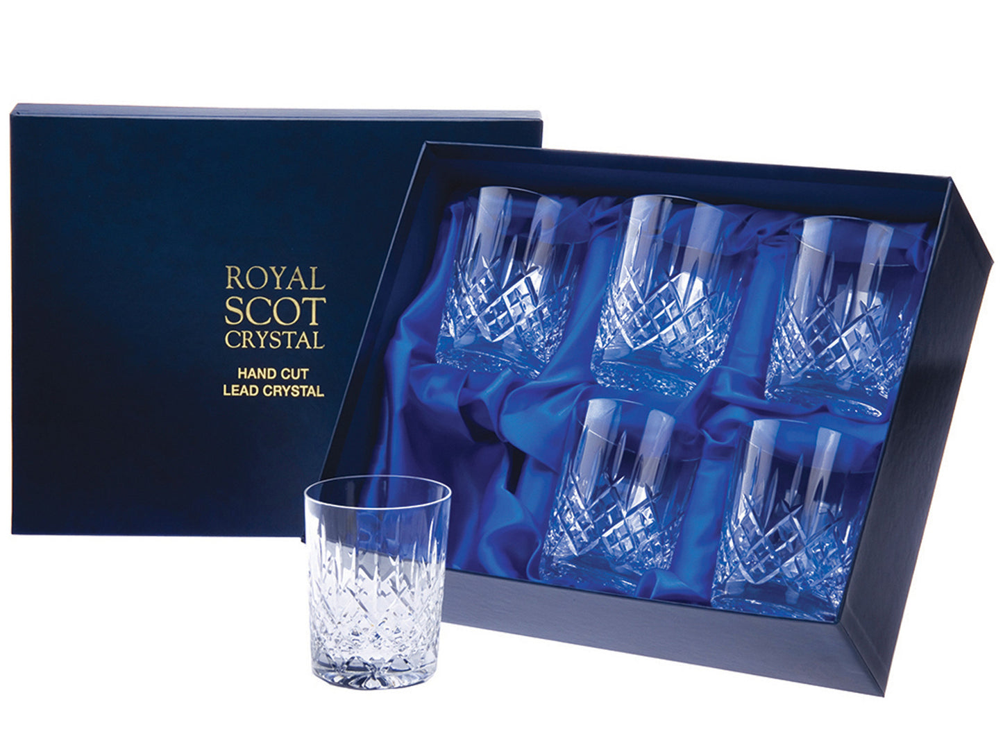 A set of six small whisky glasses with a cut design around the outside. The pattern has a bed of diamondsa round the base, topped with single flicks going up towards the smooth rim. They come in a navy-blue silk-lined presentation box