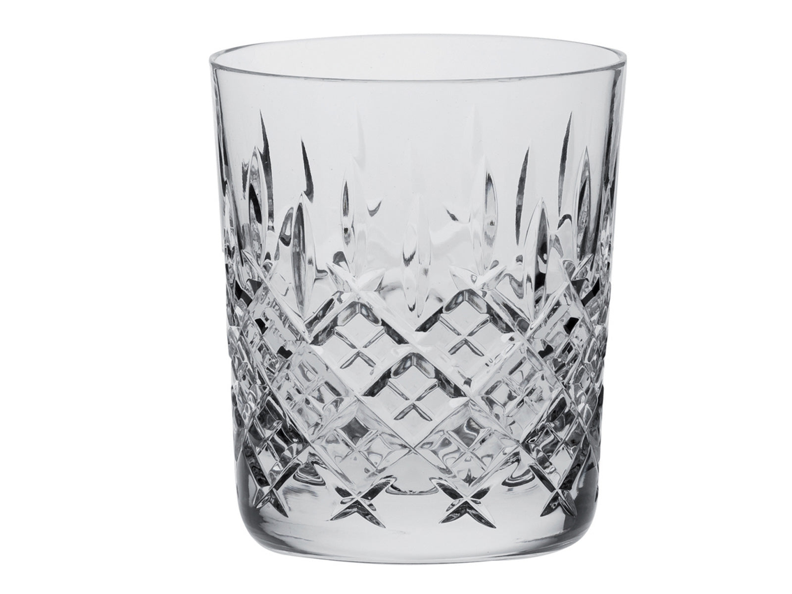 A single crystal tumbler with a cut design around the straight sides, featuring a bed of diamonds and single dashes reaching up towards the smooth rim