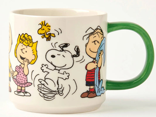 Peanuts “Friends Forever” mug by Magpie, featuring Snoopy and friends in a playful wrap design with a green handle