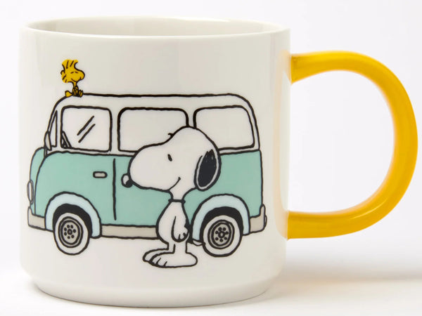 Magpie Peanuts “Happy Camper” Snoopy mug with bright yellow handle, camper-style graphic and slogan, 330ml fine china