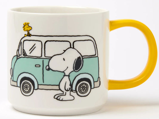 Magpie Peanuts “Happy Camper” Snoopy mug with bright yellow handle, camper-style graphic and slogan, 330ml fine china