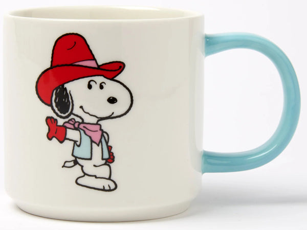 Peanuts “Howdy!” Snoopy cowboy mug by Magpie, white fine china with blue handle and western-style lettering, 330ml