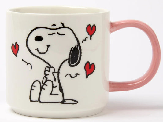 Magpie Peanuts “I Love You” Snoopy mug with pink handle, white fine china covered in red heart illustrations, 330ml