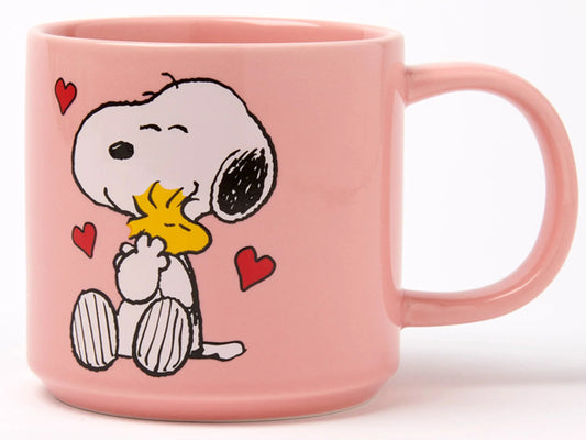 Magpie x Peanuts “Love Song” pink mug showing Snoopy cuddling Woodstock with red hearts, fine china character mug