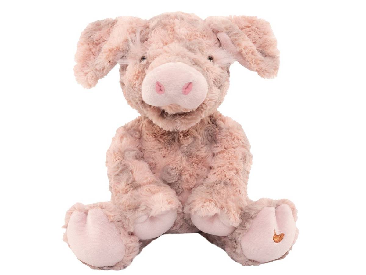 A plush stuffed pig toy in light pink and beige tones, sitting against a plain white background.