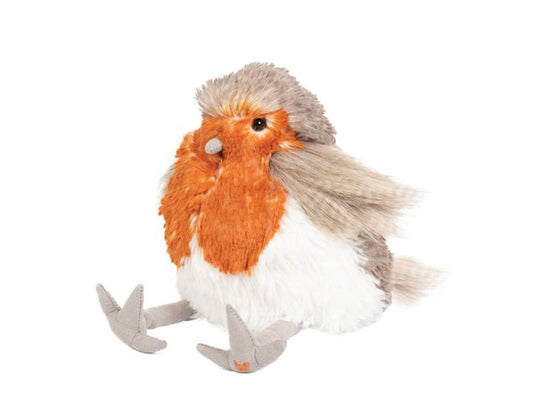 A plush stuffed robin bird toy with orange, white, and gray fluffy feathers, shown against a plain white background.