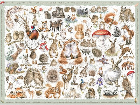 A completed puzzle with a white background and pale green edges and an assortment of country animal designs in a warm, bright colour pallet