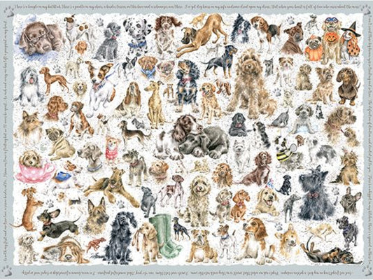 A puzzle with a white background and light blue border, decorated with various watercolour dog designs on the front