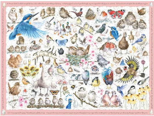 A puzzle with a white background and pink edges and colourful birds across the front