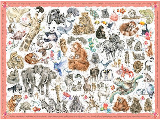 A 1000 piece jigsaw puzzle with watercolour illustrations of various zoological animals in a pink box.